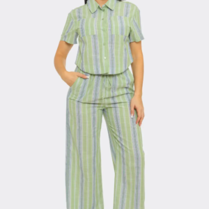 Linen Stripe Front Button Down Shirts Top and Pants Set - Green