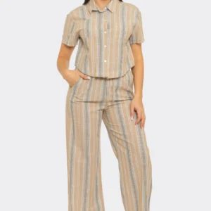 Linen Stripe Front Button Down Shirts Top and Pants Set - Brown