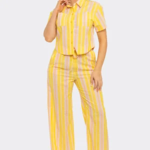 Texture Stripe Button Down Top and Pants Set - Yellow