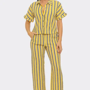 Texture Stripe Button Down Top and Pants Set - Yellow